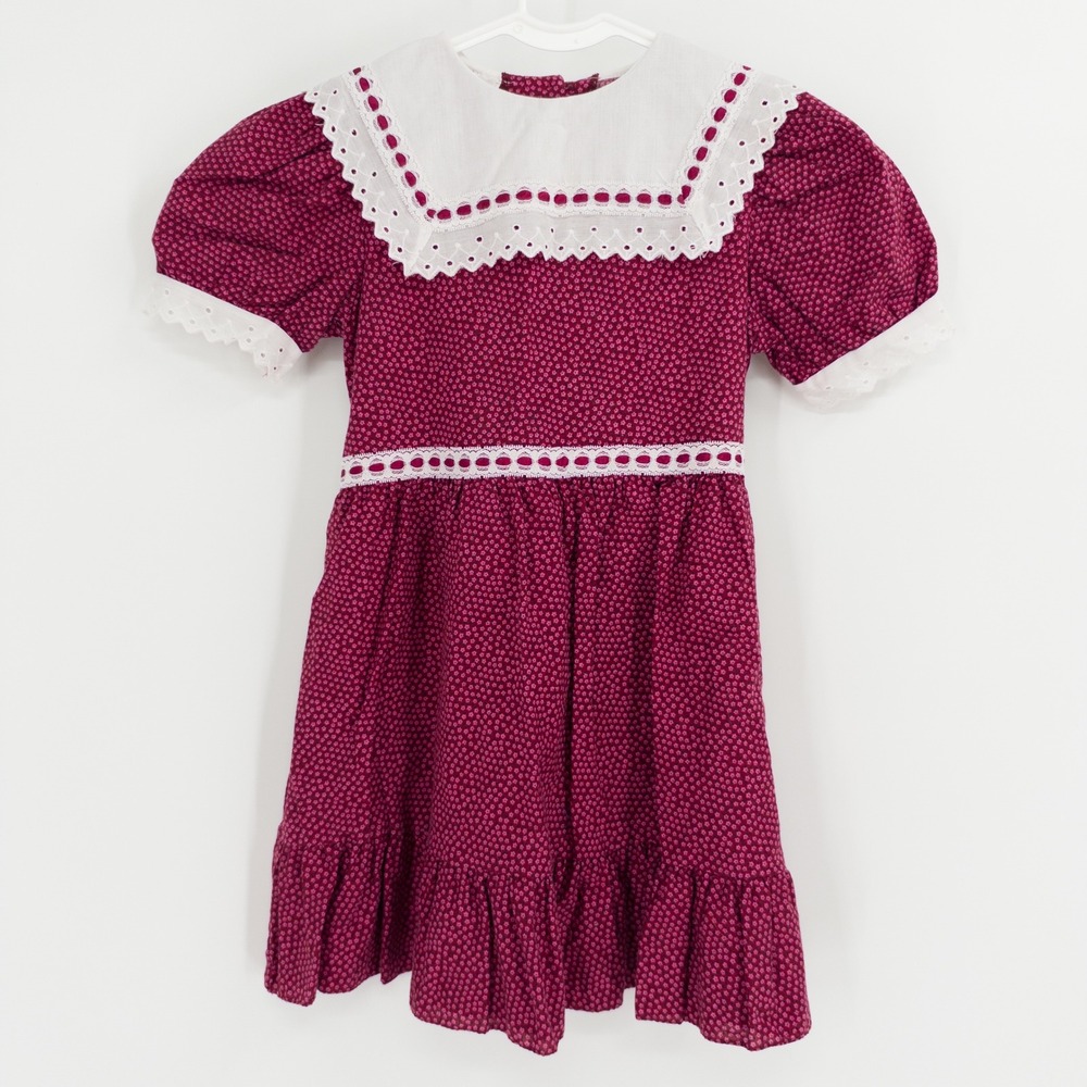 Vintage 90s Dress Kids Size 6 Burgundy Floral Lace Cottage Tea Holiday Prairie